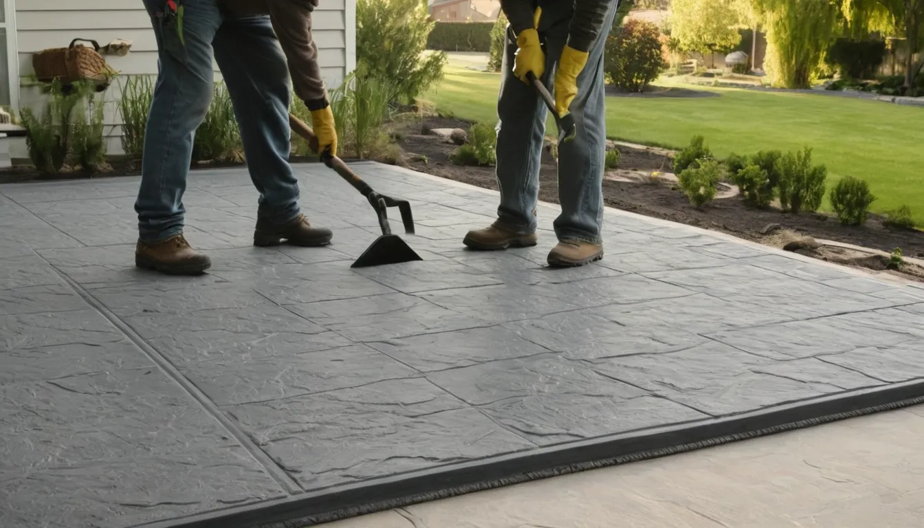 Freshly poured stamped concrete patio with a slate pattern behind a home in Ravenna